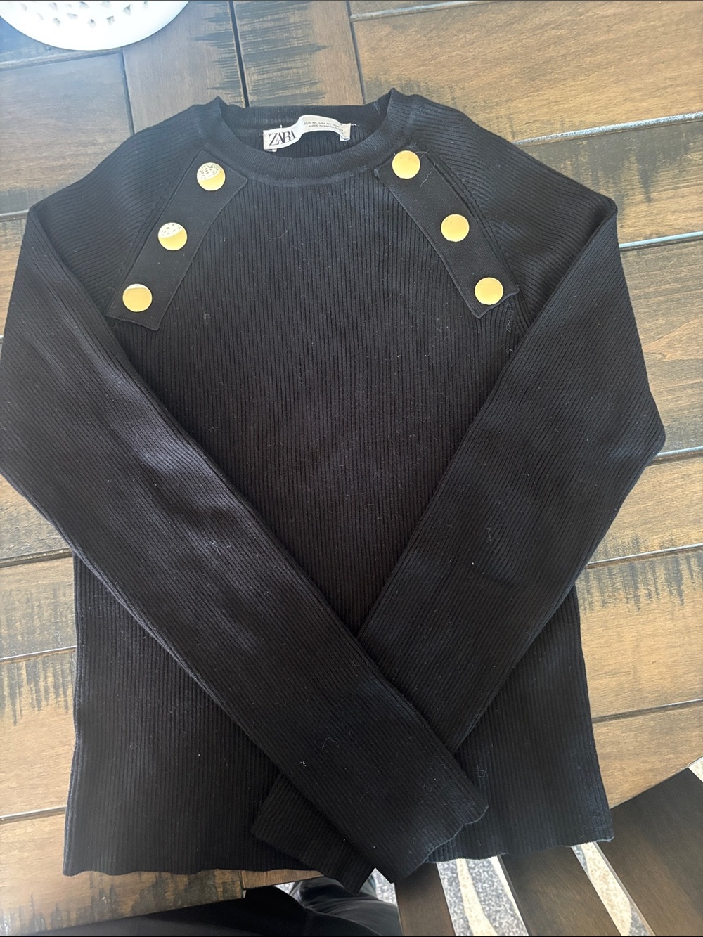 Zara Men’s Black Ribbed Crewneck Sweater with Gold Buttons